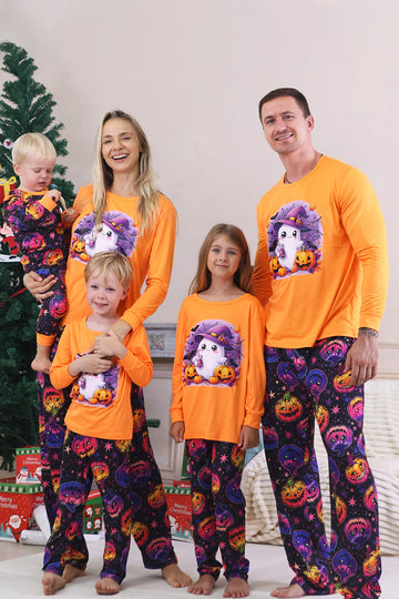 Pijamas de Halloween de manga larga de manga larga estampados en naranja